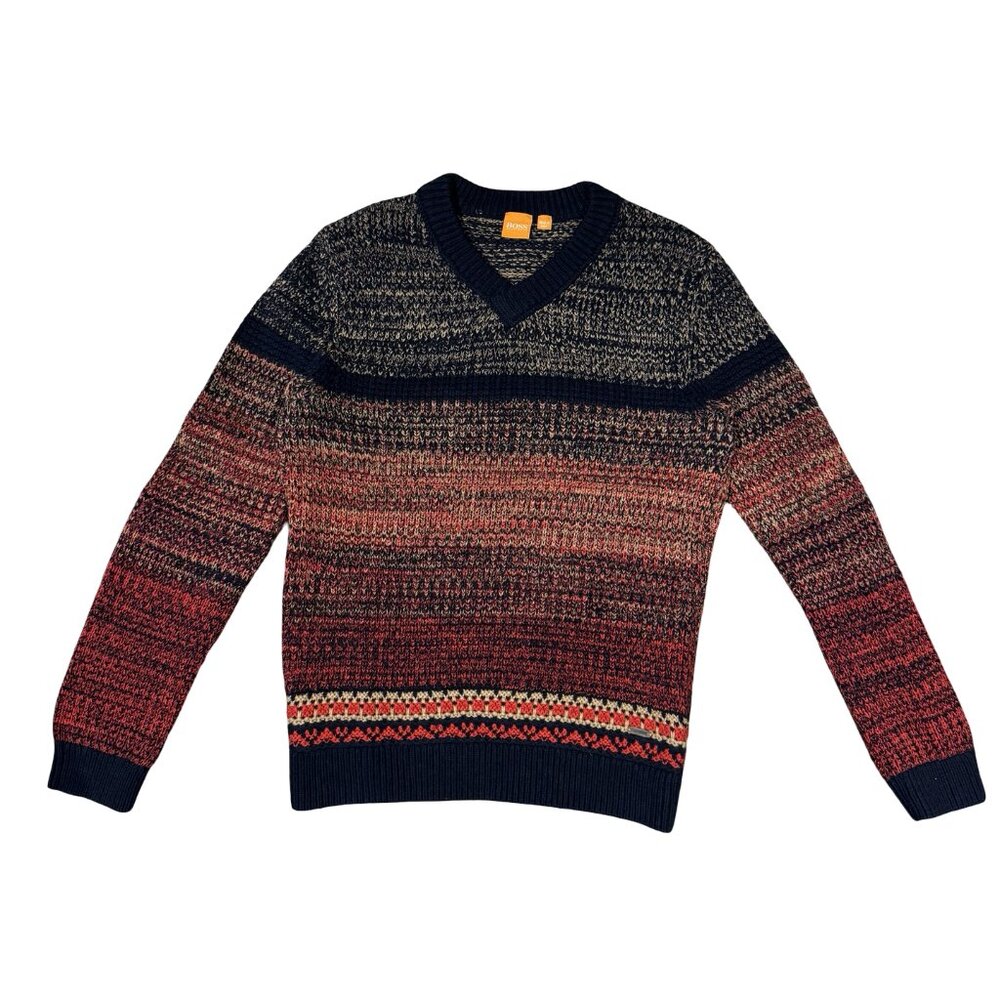Hugo Bos Orange Label V-Neck Pullover Sweater Knit Multicolor Red Size M
